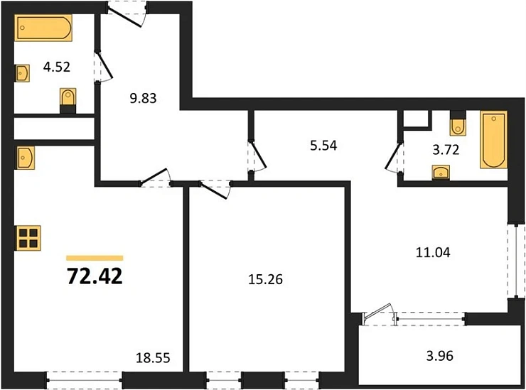 Квартира 2-комн. 72.42 кв. м
