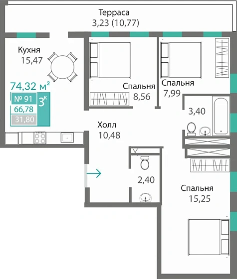 Квартира 3-комн. 66.78 кв.м