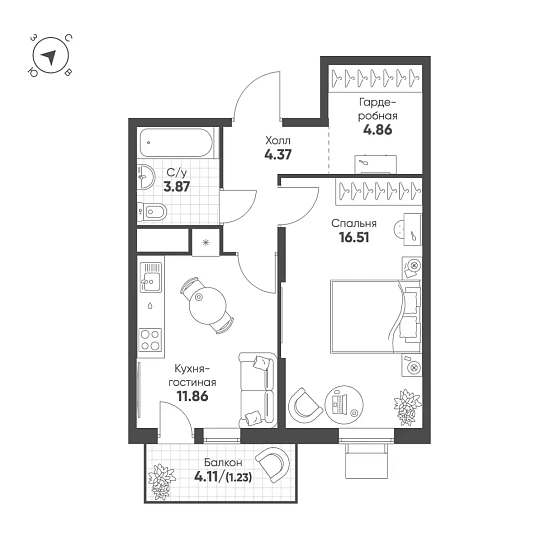 Квартира 1-комн. 42.7 кв. м