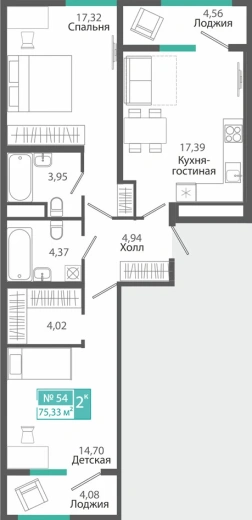 Квартира 2-комн. 75.33 кв.м