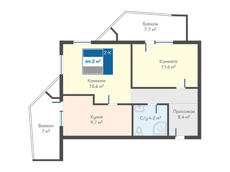 Квартира 2-комн. 64.2 кв. м