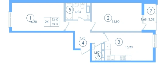 Квартира 2-комн. 60.1 кв. м