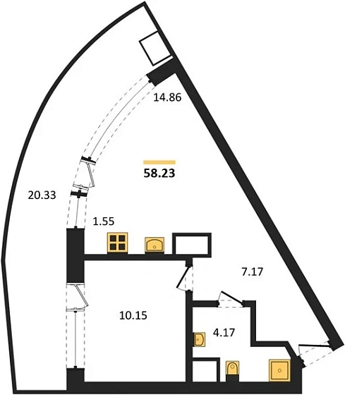 Апартаменты 1-комн. 58.23 кв. м