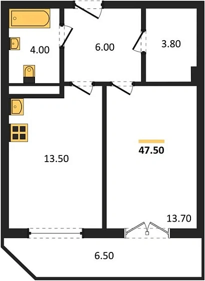 Квартира 1-комн. 47.5 кв. м