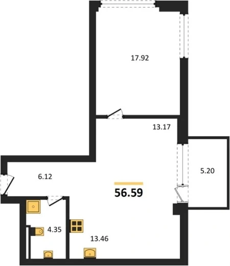 Квартира 2-комн. 56.59 кв. м