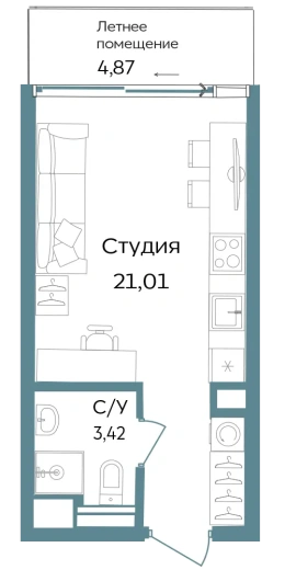 Апартаменты 1-комн. 29.3 кв. м