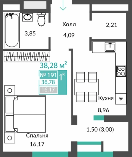 Квартира 1-комн. 36.78 кв.м