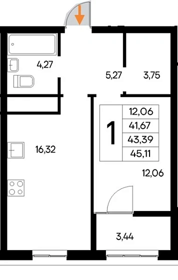 Квартира 1-комн. 45.11 кв. м