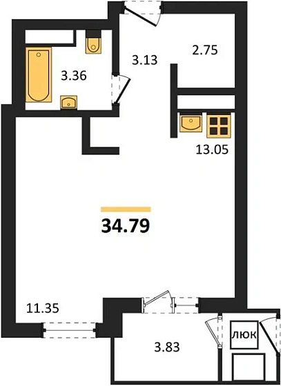 Квартира Студия 34.79 кв. м