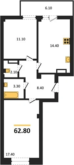 Квартира 2-комн. 62.8 кв. м