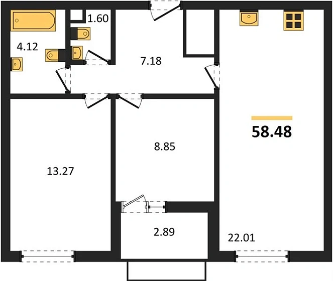 Квартира 2-комн. 58.48 кв. м