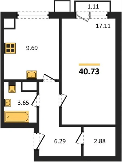 Квартира 1-комн. 40.73 кв. м