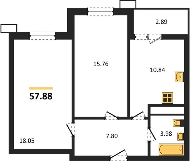 Квартира 2-комн. 57.88 кв. м