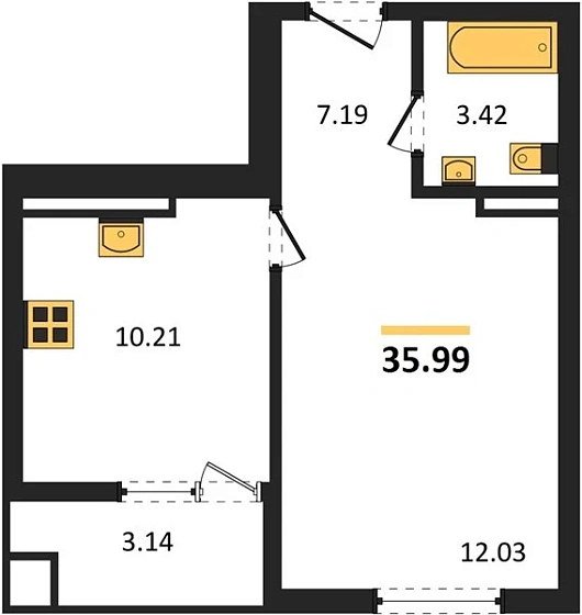 Квартира 1-комн. 35.99 кв. м