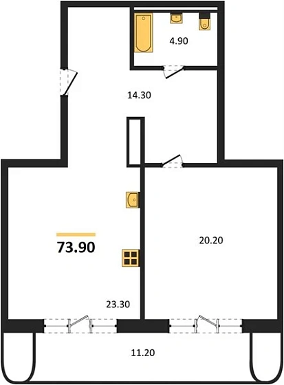Квартира 1-комн. 73.9 кв. м
