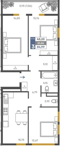 Квартира 3-комн. 81.06 кв. м