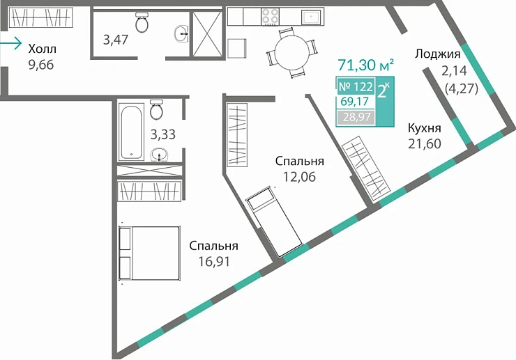 Квартира 2-комн. 69.17 кв.м