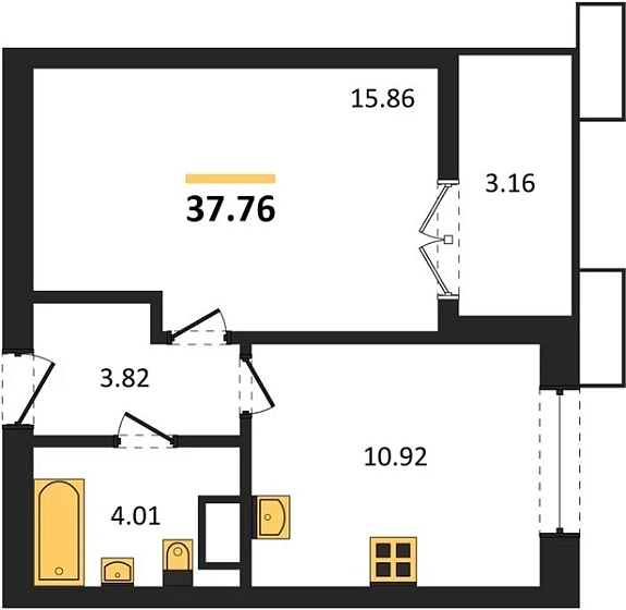Квартира 1-комн. 37.76 кв. м