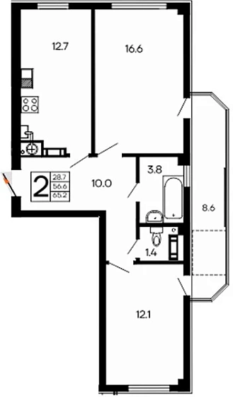 Квартира 2-комн. 65.2 кв. м