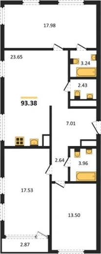 Квартира 3-комн. 93.38 кв. м