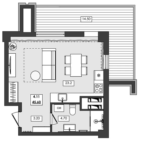 Апартаменты 1-комн. 45.6 кв. м
