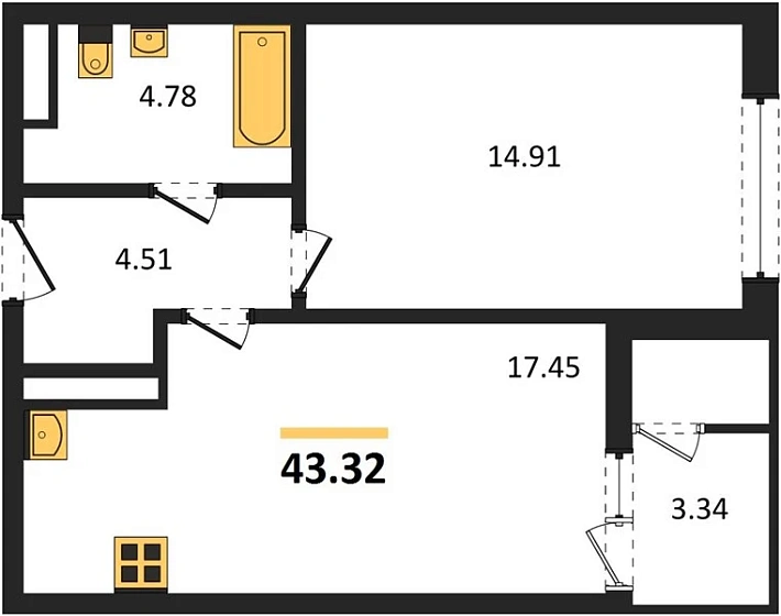 Квартира 1-комн. 43.32 кв. м
