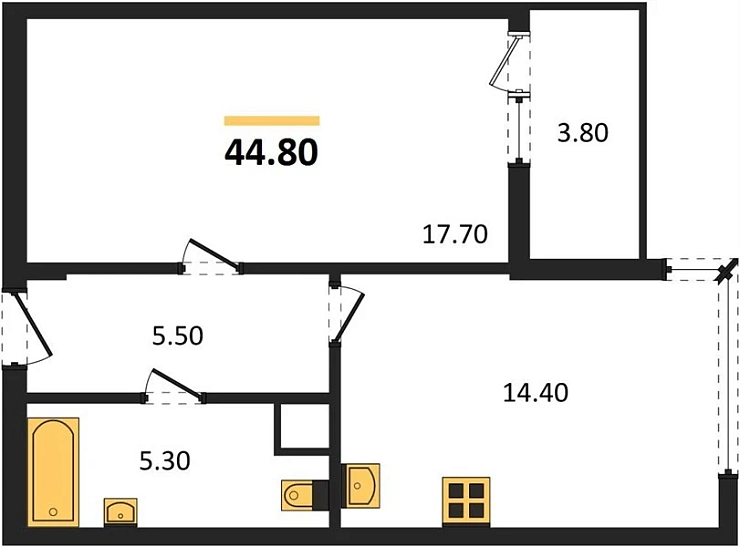 Квартира 1-комн. 44.8 кв. м