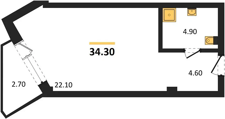 Апартаменты 1-комн. 34.3 кв. м