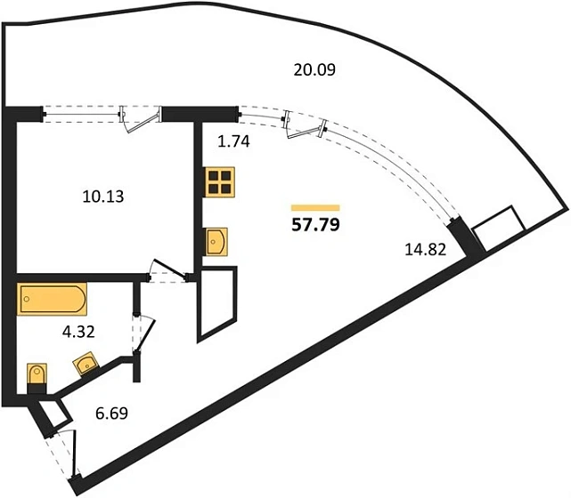Апартаменты 1-комн. 57.79 кв. м