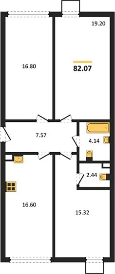 Квартира 3-комн. 82.07 кв. м
