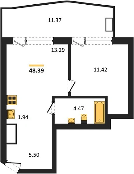 Апартаменты 1-комн. 48.39 кв. м