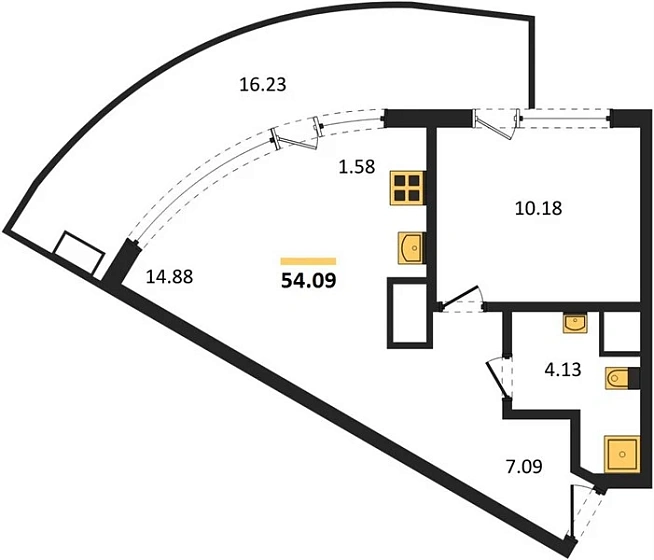 Апартаменты 1-комн. 54.09 кв. м