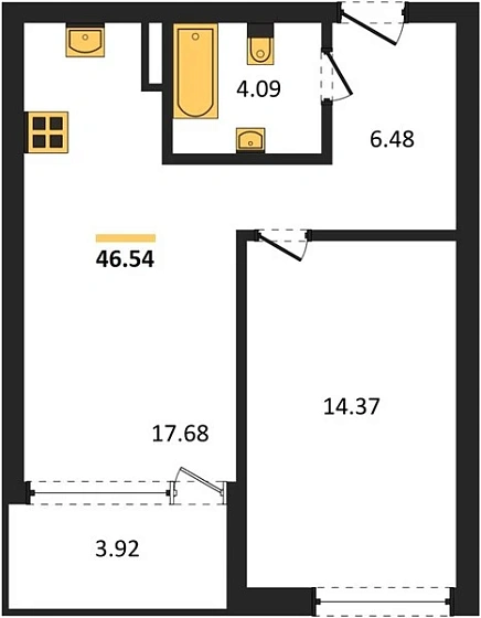 Квартира 1-комн. 46.54 кв. м