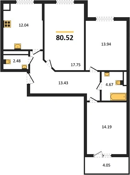 Квартира 3-комн. 80.52 кв. м