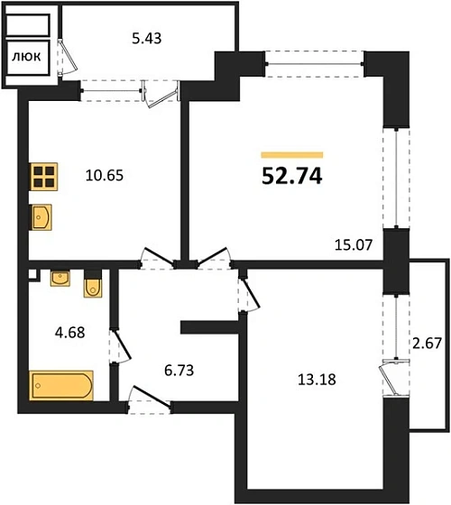 Квартира 2-комн. 52.74 кв. м