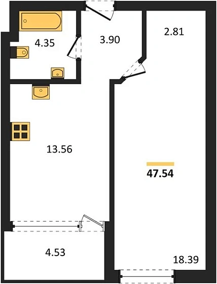 Квартира 1-комн. 47.54 кв. м