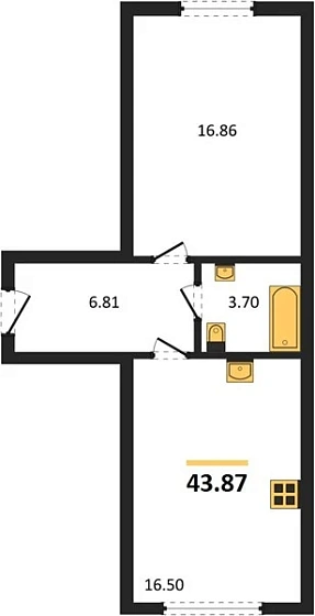 Квартира 1-комн. 43.87 кв. м