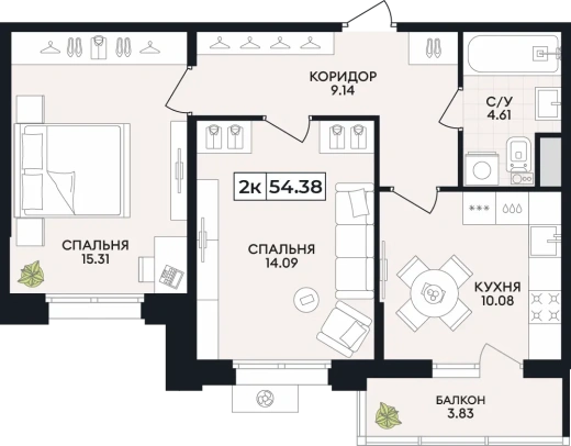 Квартира 2-комн. 54.38 кв. м