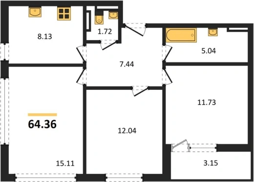 Квартира 3-комн. 64.36 кв. м