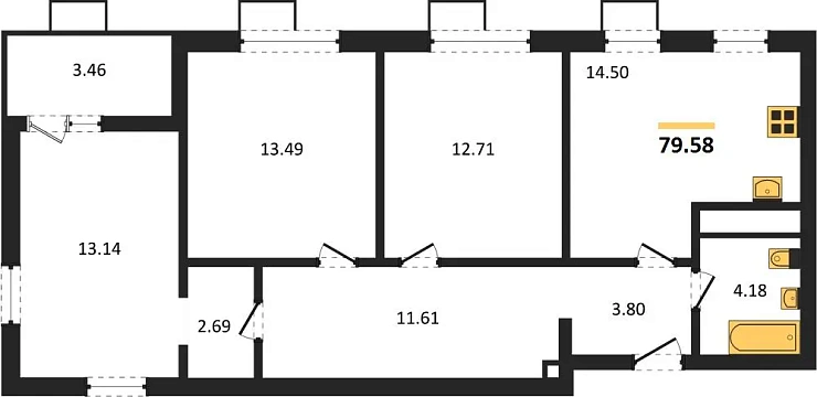 Квартира 3-комн. 79.58 кв. м