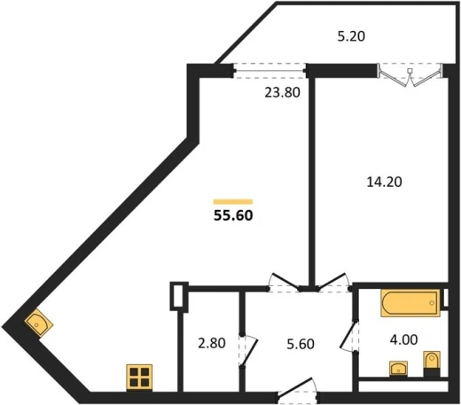Квартира 1-комн. 55.6 кв. м