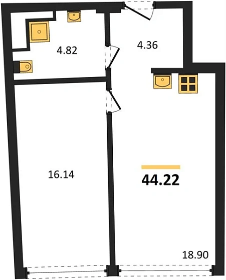 Апартаменты 1-комн. 44.22 кв. м
