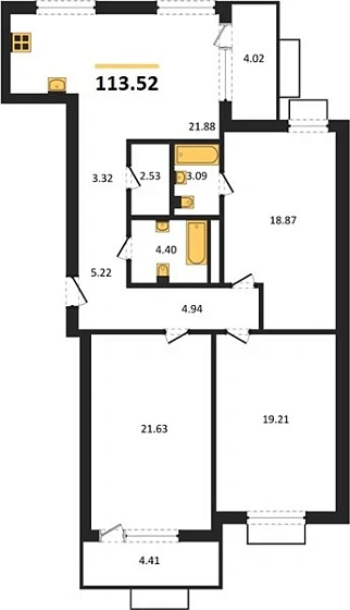 Квартира 3-комн. 113.52 кв. м