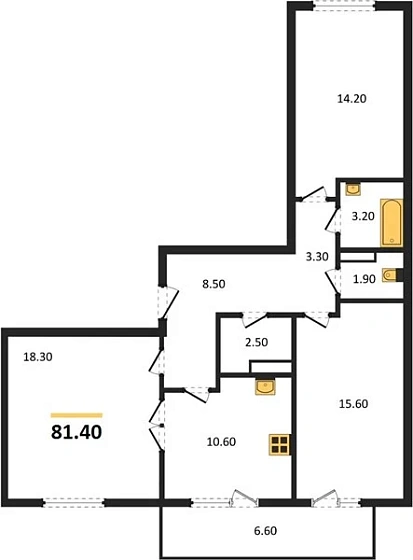 Квартира 3-комн. 81.4 кв. м