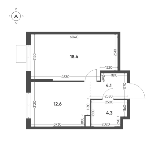 Квартира 1-комн. 39.4 кв. м