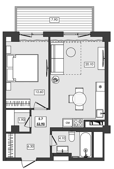 Апартаменты 2-комн. 52.9 кв. м