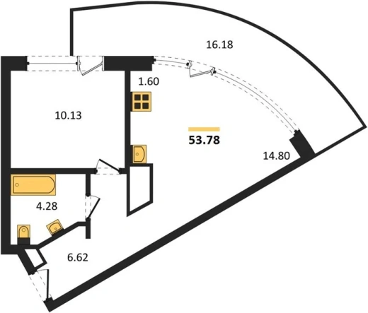 Апартаменты 1-комн. 53.78 кв. м