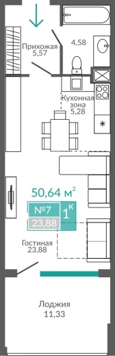 Апартаменты 1-комн. 50.64 кв.м