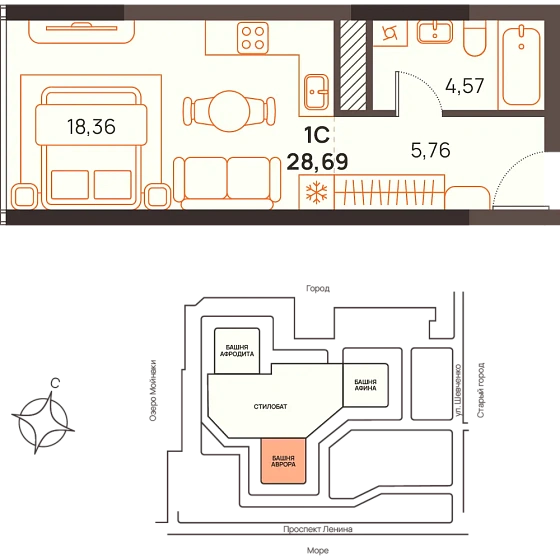 Квартира Студия 28.69 кв. м