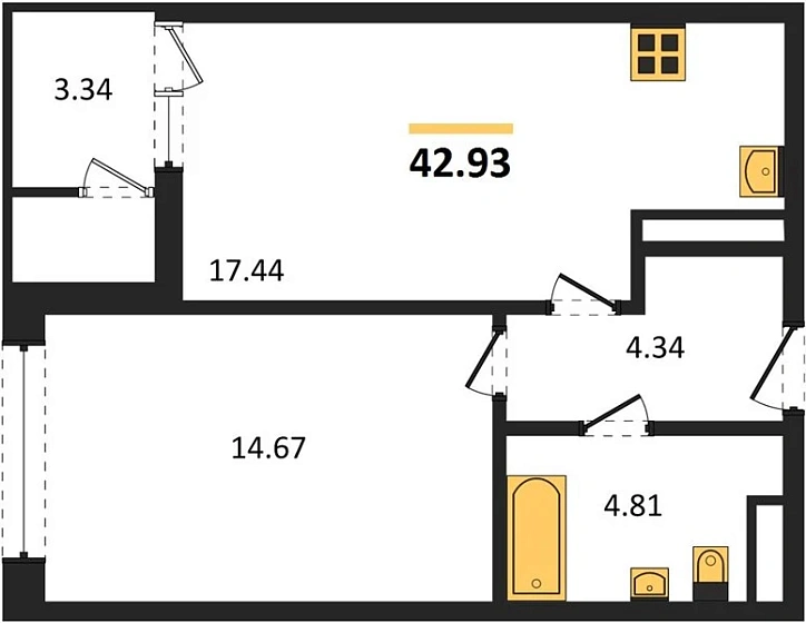Квартира 1-комн. 42.93 кв. м